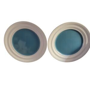 Isaac Mizrahi NY Dinner Plates Caribbean Blue Embossed White Large Rim Set of 2